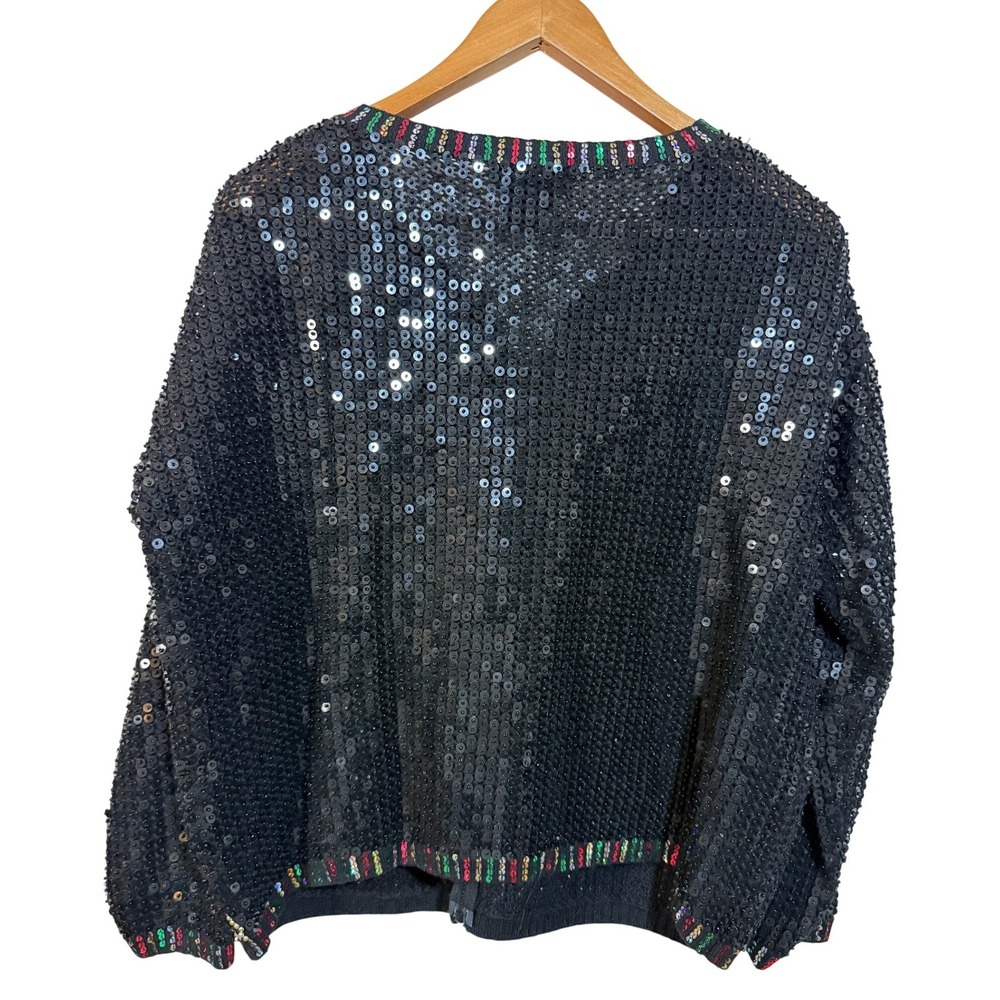VTG Berek Sequin Christmas Tree Cardigan Women Large Black Art to Wear - Picture 6 of 7